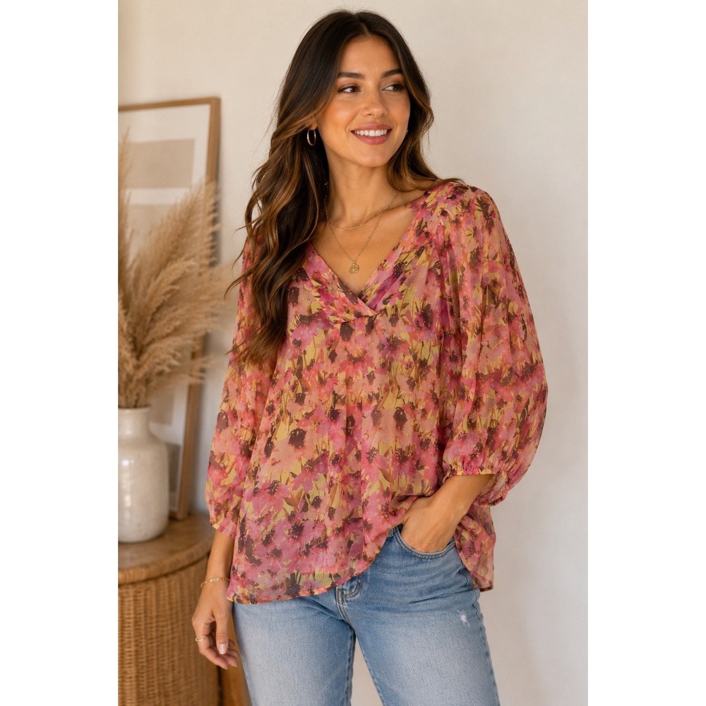 Sundance Fairy Coquette 100% Silk Floral Crinkle Blouse Sheer Boho Tunic Top XS